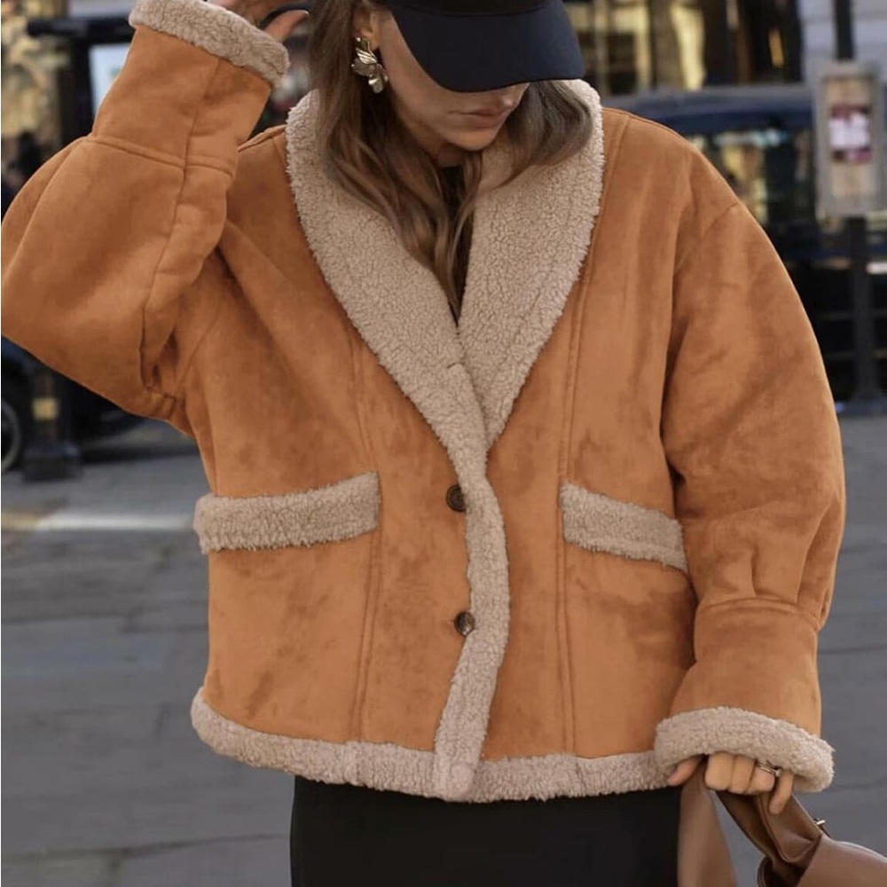 Cozy Tan Shearling Jacket thick faux suede winter warm coat - Picture 2 of 6